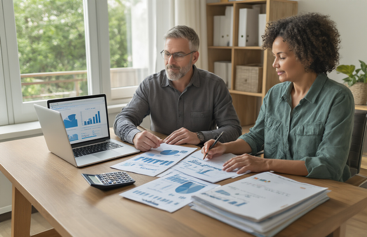Create a realistic image of a diverse middle-aged white male and black female sitting at a modern wooden desk reviewing financial documents and charts, with a calculator, laptop showing spreadsheets, stack of papers, and retirement planning folders organized neatly on the desk surface, in a bright contemporary home office with natural lighting from a window, conveying a professional and focused atmosphere of financial planning preparation, absolutely NO text should be in the scene.