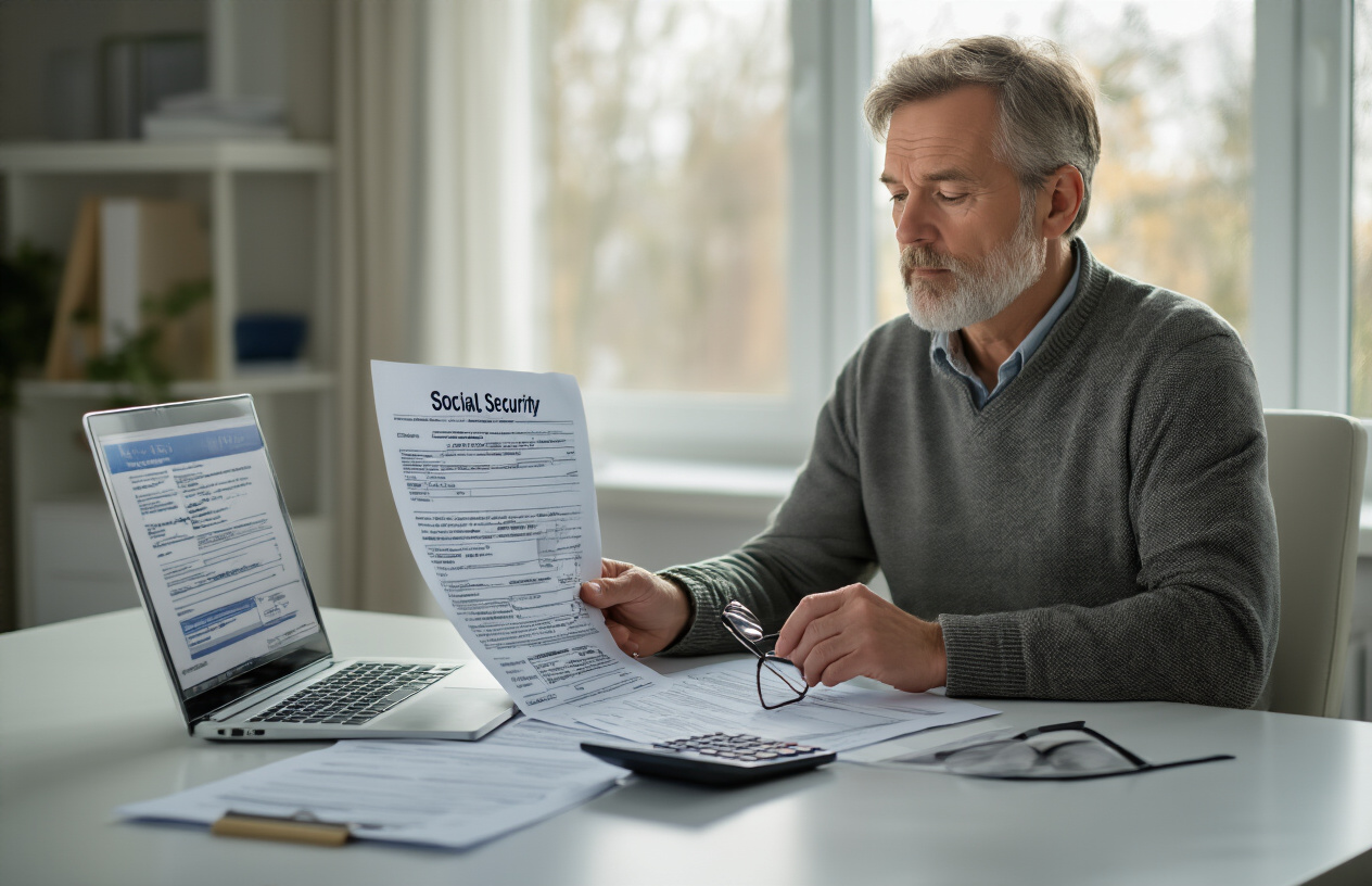 Create a realistic image of a middle-aged white male sitting at a clean modern desk reviewing official government documents and forms spread out in front of him, with a laptop computer open displaying healthcare and Social Security information, a calculator nearby, and reading glasses in his hand, set in a bright home office with natural lighting from a window, conveying a focused and organized planning atmosphere, absolutely NO text should be in the scene.