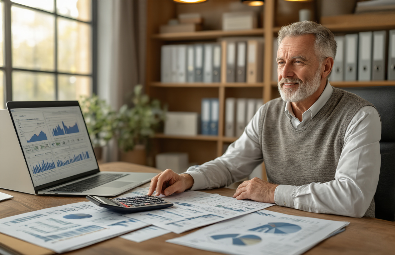 Create a realistic image of a mature white male in his 50s sitting at a modern desk with financial documents, investment portfolios, and tax forms spread across the surface, a calculator and laptop computer open showing charts and graphs, organized file folders labeled with investment categories in the background, warm office lighting creating a professional atmosphere focused on financial planning and organization, absolutely NO text should be in the scene.