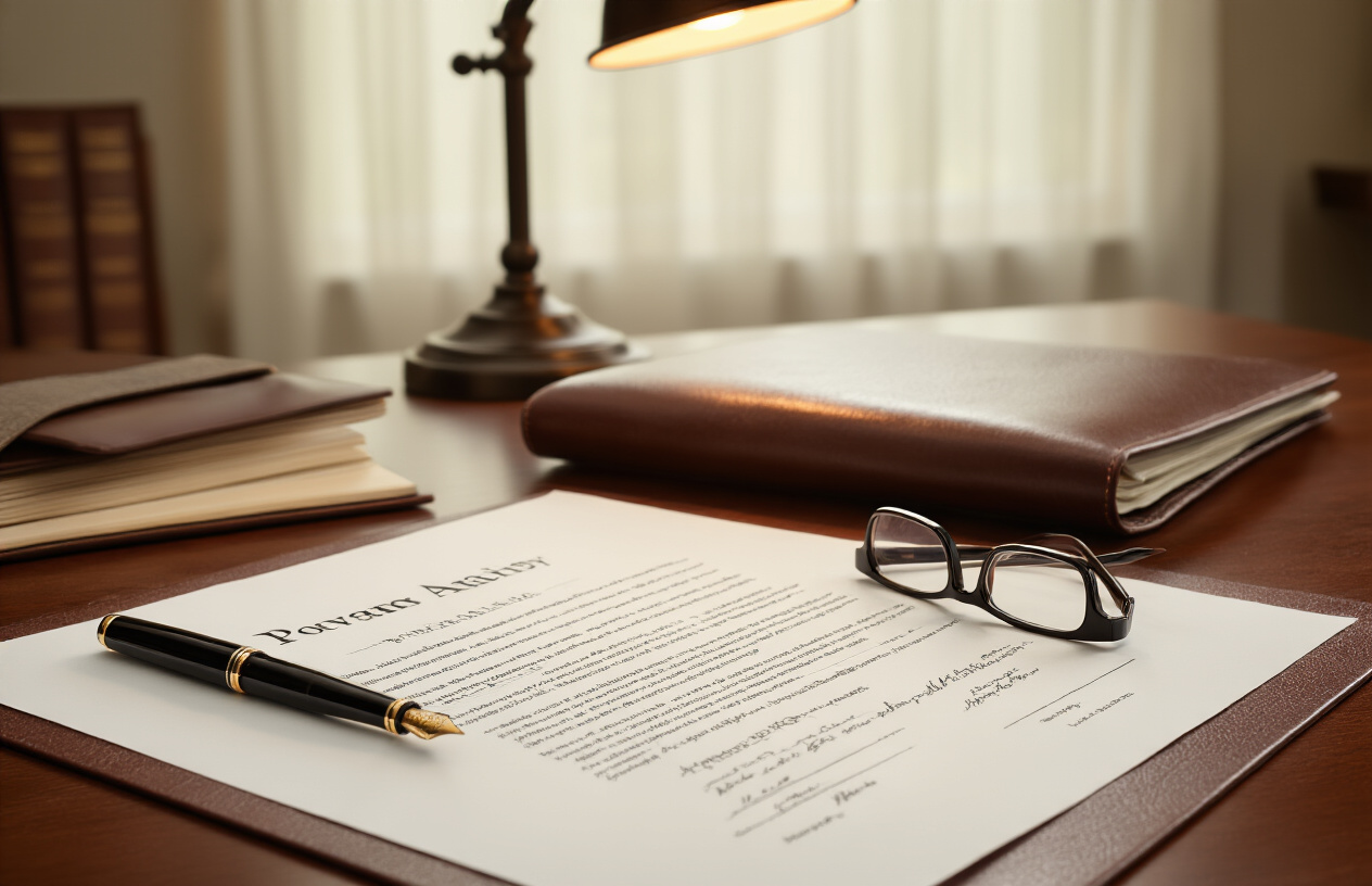 Create a realistic image of a mahogany desk with organized legal documents including a will, power of attorney forms, and estate planning papers spread across the surface, alongside a black fountain pen, reading glasses, and a brown leather portfolio folder, with a softly lit home office background featuring warm ambient lighting from a desk lamp, creating a professional and contemplative atmosphere that conveys careful preparation and financial responsibility, absolutely NO text should be in the scene.