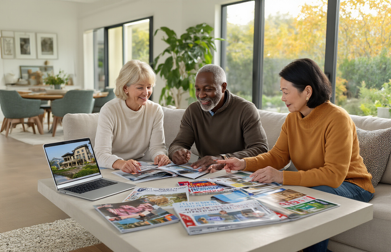 Create a realistic image of a diverse group of three people in their late 50s - a white female, black male, and Asian female - sitting around a modern coffee table covered with lifestyle magazines, travel brochures, hobby catalogs, and a laptop displaying retirement community websites, in a bright contemporary living room with large windows showing a garden view, warm natural lighting creating an optimistic and planning-focused atmosphere as they discuss and point at different materials while designing their future retirement plans, with comfortable modern furniture and plants in the background creating a welcoming environment, absolutely NO text should be in the scene.