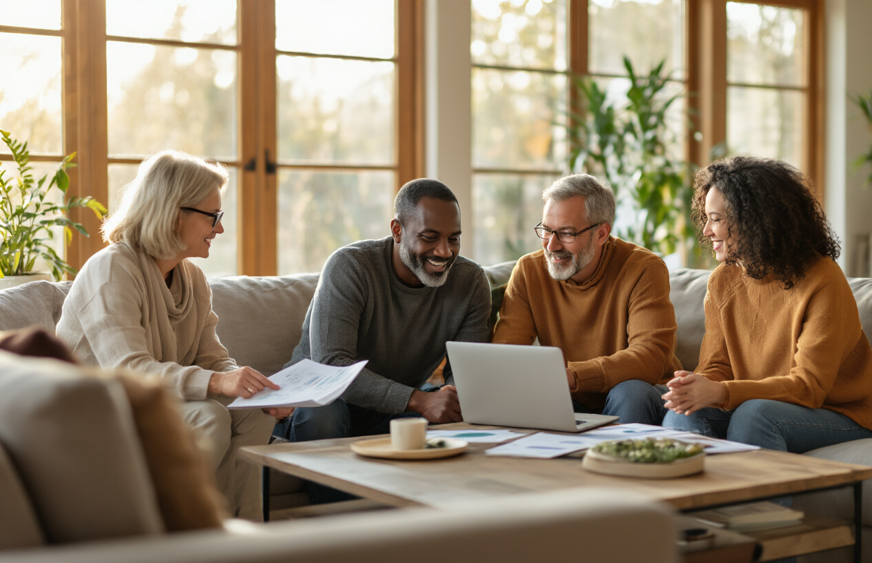 Create a realistic image of a diverse group of middle-aged adults including a white female, black male, and Asian female sitting around a modern living room coffee table with warm natural lighting from large windows, engaged in friendly conversation while looking at documents and laptops, with comfortable sofas and plants in the background creating a welcoming atmosphere that suggests community planning and mutual support, absolutely NO text should be in the scene.