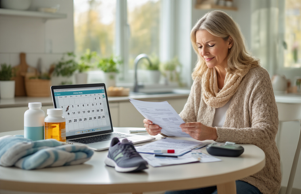 Create a realistic image of a middle-aged white woman in her 50s sitting at a modern kitchen table reviewing health documents and wellness materials, with a laptop open showing a medical appointment calendar, surrounded by vitamin bottles, a water bottle, running shoes, and a blood pressure monitor, in a bright, clean home environment with natural lighting from a window, conveying a sense of proactive health planning and wellness preparation, absolutely NO text should be in the scene.