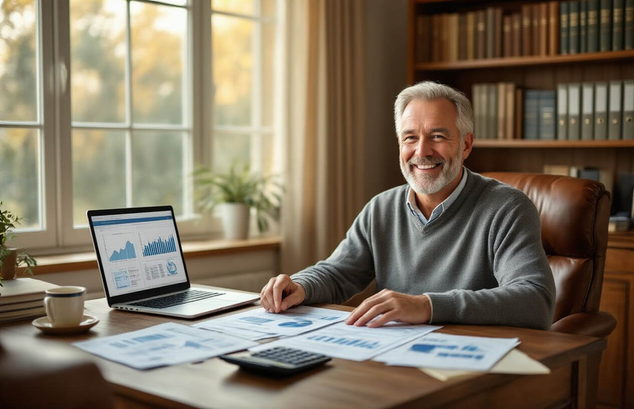 Create a realistic image of a peaceful home office scene with a mature white male in his late 50s sitting at a wooden desk, smiling confidently while looking at financial documents and charts spread across the surface, with a laptop open showing retirement planning graphs, a calculator nearby, and organized file folders labeled for different financial categories, surrounded by warm natural lighting from a large window, with bookshelves containing financial planning books in the background, a comfortable leather chair, and subtle elements like a small plant and coffee cup creating a serene and accomplished atmosphere that conveys successful retirement preparation and financial security, absolutely NO text should be in the scene.