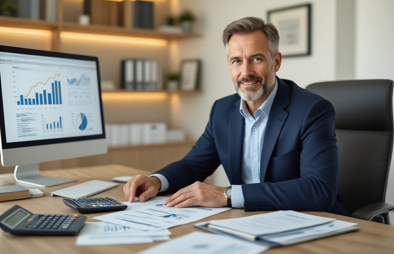 Create a realistic image of a middle-aged white male financial advisor in a navy business suit sitting at a modern office desk with tax documents, calculator, and retirement planning folders spread across the surface, with a computer screen displaying financial charts in the background, warm professional office lighting, clean contemporary office environment with bookshelves and framed certificates on the walls, focused and confident expression while reviewing investment paperwork, absolutely NO text should be in the scene.