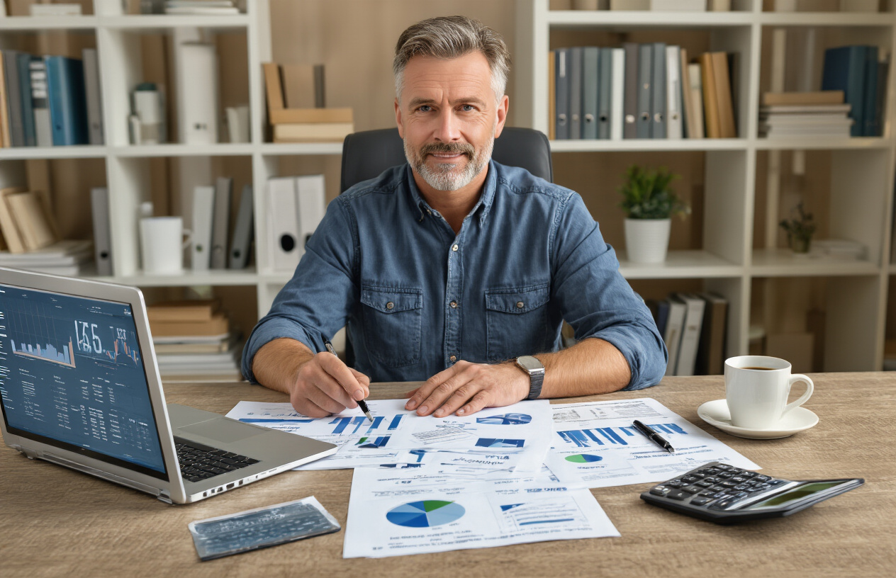 Create a realistic image of a middle-aged white male sitting at a modern desk with a laptop open, surrounded by organized financial documents and charts showing retirement account performance, with a calculator, pen, and coffee cup nearby, in a well-lit home office with bookshelves containing finance books in the background, conveying a focused and professional atmosphere of financial planning and optimization, absolutely NO text should be in the scene.