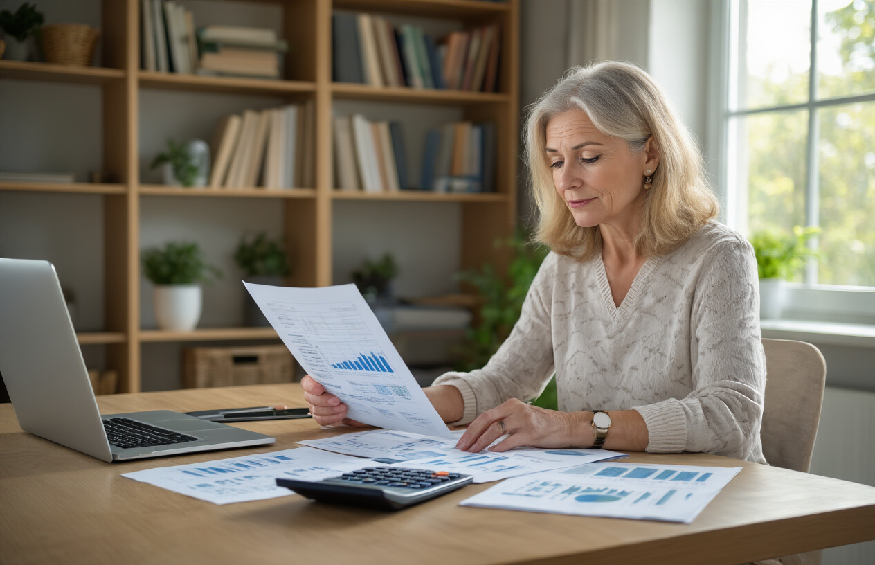 Create a realistic image of a middle-aged white female sitting at a modern wooden desk with a calculator, laptop computer, and financial documents spread out, carefully reviewing retirement planning papers with charts and graphs showing income projections, in a bright home office setting with natural lighting from a window, bookshelves with financial books in the background, creating a focused and organized atmosphere for financial planning. Absolutely NO text should be in the scene.