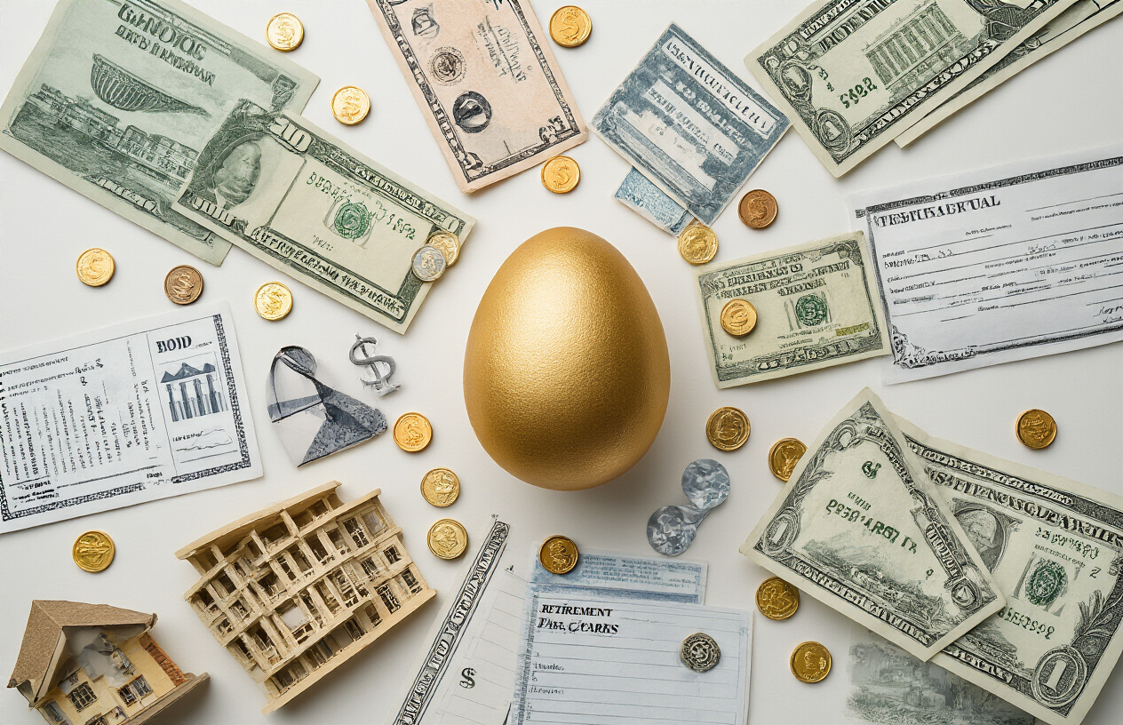 Create a realistic image of multiple income streams flowing into a central point, visualized through various financial symbols including dividend-paying stocks certificates, real estate property models, bond certificates, pension fund documents, and savings account statements arranged in a circular pattern around a retirement nest egg or golden egg centerpiece, set against a clean white background with soft natural lighting, conveying financial security and strategic planning, absolutely NO text should be in the scene.