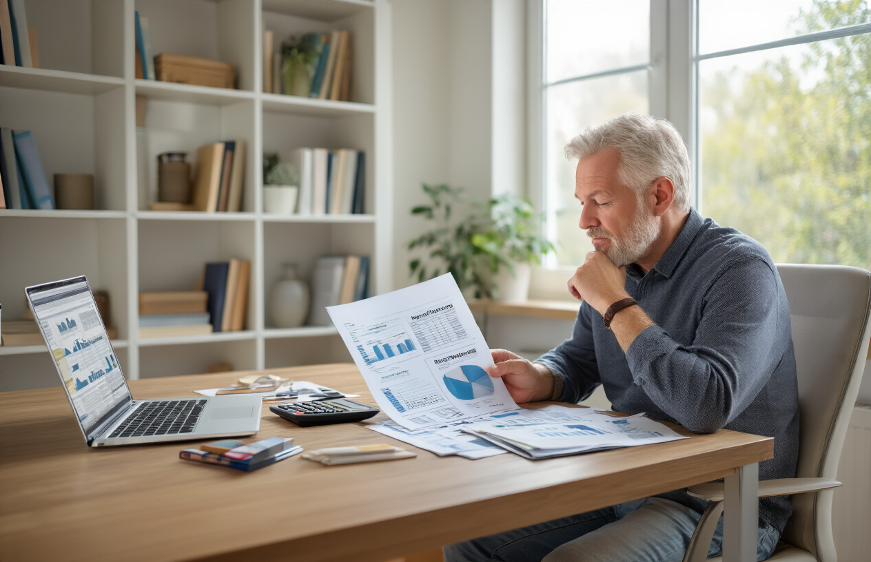 Create a realistic image of a middle-aged white male sitting at a modern wooden desk with financial documents, calculator, and laptop open to retirement planning spreadsheets, while thoughtfully reviewing withdrawal strategy charts and graphs, set in a bright home office with natural lighting from a large window, bookshelves with financial guides in the background, conveying a sense of careful financial planning and strategic decision-making, absolutely NO text should be in the scene.