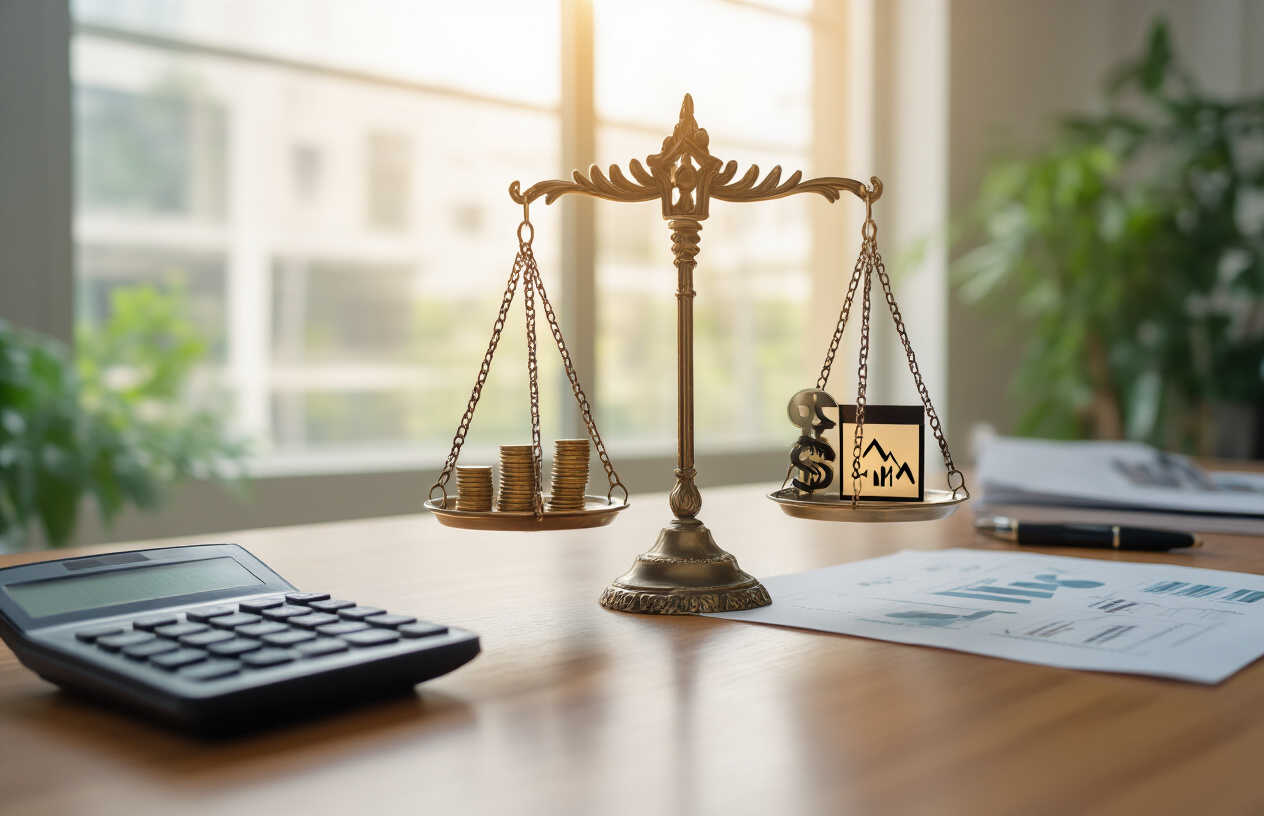 Create a realistic image of a balanced scale with investment symbols on both sides - stocks, bonds, and retirement portfolio icons on one side and risk warning symbols like downward arrows and volatility charts on the other side, set on a polished wooden desk in a modern financial office environment with soft natural lighting from a window, surrounded by subtle financial documents and a calculator, conveying a sense of careful balance and professional decision-making for retirement planning, absolutely NO text should be in the scene.