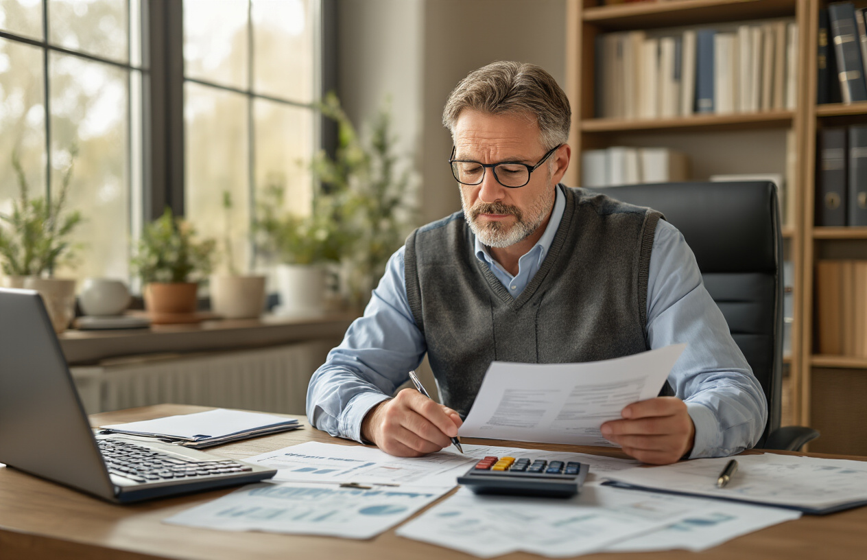 Create a realistic image of a middle-aged white male financial advisor sitting at a modern office desk reviewing charitable donation documents and tax forms, with a calculator, pen, and organized paperwork spread across the wooden desk surface, soft natural lighting from a window creating a professional atmosphere, bookshelves with financial guides visible in the background, warm and trustworthy mood suggesting expert guidance, absolutely NO text should be in the scene.