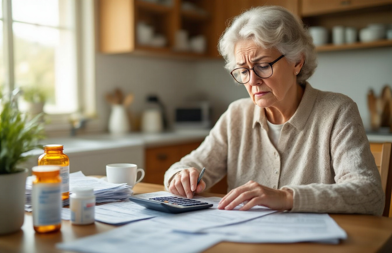 Create a realistic image of an elderly white female in her 70s sitting at a kitchen table reviewing medical bills and insurance documents, with a calculator, reading glasses, and a worried expression on her face, surrounded by healthcare cost paperwork and prescription medication bottles, in a well-lit home setting with warm natural lighting from a nearby window, conveying the financial burden of healthcare expenses in retirement planning, absolutely NO text should be in the scene.