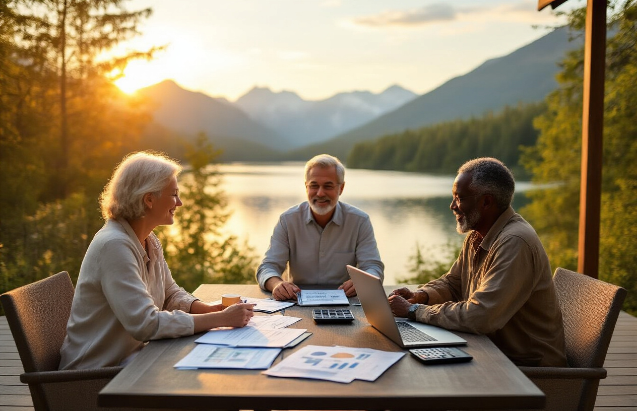 Create a realistic image of a serene outdoor scene showing a diverse group of three people - a white female, a black male, and an Asian female - all in their 50s, sitting around a modern outdoor table on a wooden deck overlooking a peaceful lake at golden hour, with laptops, financial documents, and calculators spread on the table, surrounded by lush green trees and mountains in the background, conveying a sense of accomplished financial planning and peaceful retirement preparation, with warm sunset lighting casting a gentle glow over the scene, absolutely NO text should be in the scene.