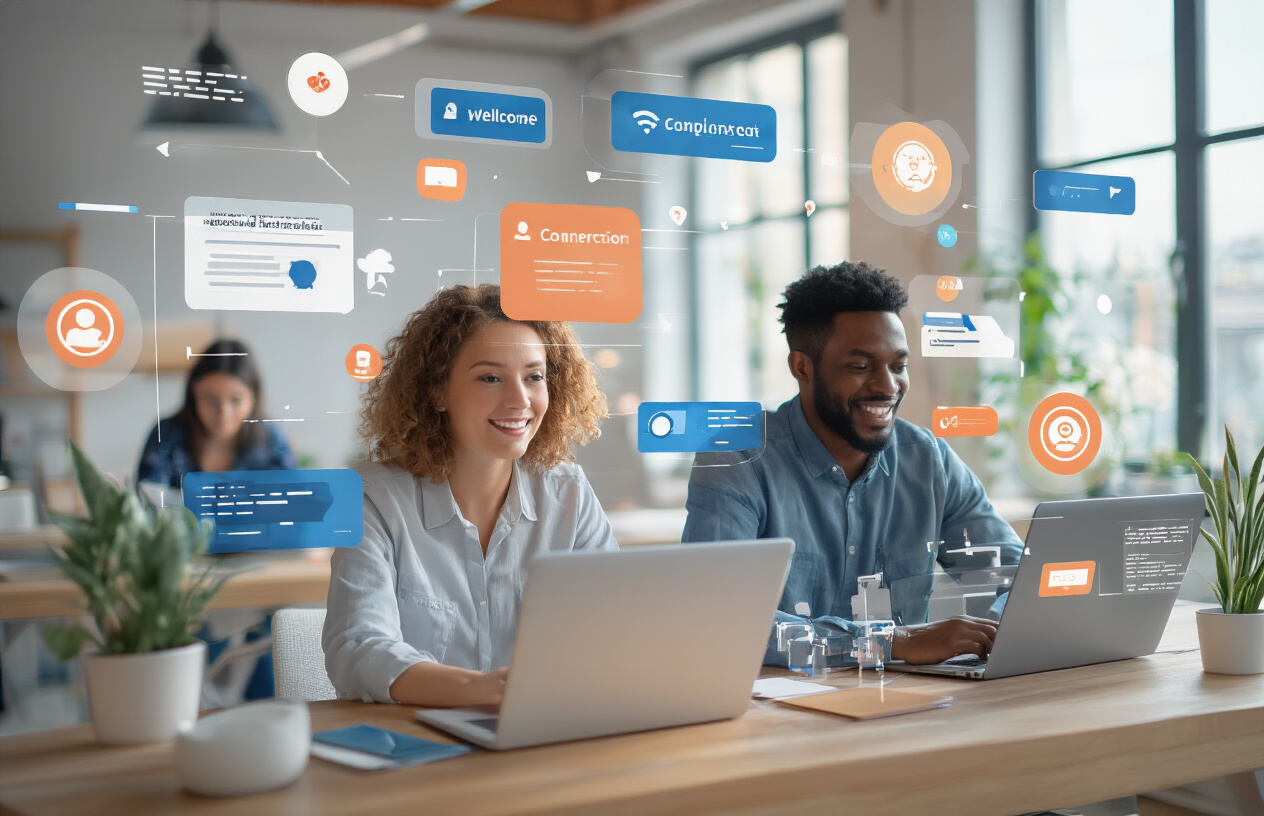 Create a realistic image of a diverse group of new online community members experiencing a welcoming digital onboarding process, featuring a white female and black male sitting at modern laptops with engaged expressions, surrounded by floating digital interface elements like welcome badges, progress indicators, and connection icons, set in a bright contemporary co-working space with soft natural lighting streaming through large windows, creating an atmosphere of excitement and digital connectivity, with warm welcoming colors of blue and orange dominating the scene, absolutely NO text should be in the scene.