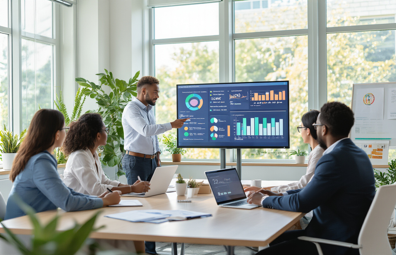 Create a realistic image of a diverse group of people sitting around a modern conference table in a bright, professional workspace, with a white male facilitator standing and pointing to a large digital dashboard on the wall displaying colorful progress charts, accountability metrics, and engagement tracking visualizations, while a black female participant takes notes on her laptop and an Asian male participant looks attentively at the screen, with natural lighting streaming through large windows, creating an atmosphere of collaboration and systematic progress monitoring, surrounded by modern office furniture and motivational elements like plants and achievement boards, absolutely NO text should be in the scene.