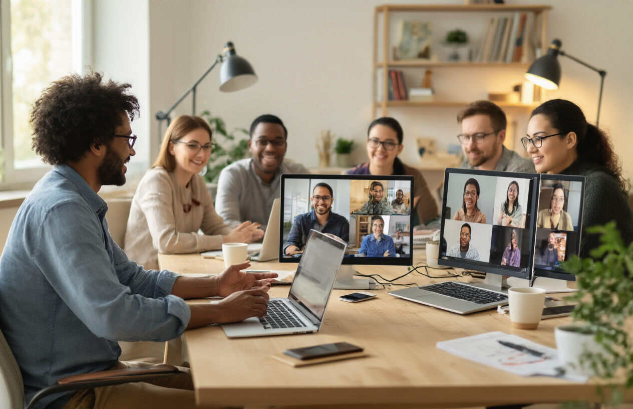 Create a realistic image of a diverse group of people sitting at desks with laptops and computers in a modern home office setting, actively participating in a live video conference session, with multiple screens showing engaged community members of different races and genders including white, black, Asian, and Hispanic males and females, warm ambient lighting from desk lamps and natural window light, creating an intimate and connected atmosphere, with some participants gesturing and smiling as if in active discussion, coffee cups and notebooks scattered on desks, plants and bookshelves in the background, conveying a sense of regular, ongoing community engagement and connection, absolutely NO text should be in the scene.