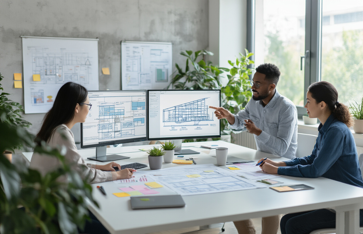 Create a realistic image of a modern digital workspace showing an organized community platform interface on multiple computer screens, with architectural blueprints and flowcharts spread across a sleek white desk, surrounded by potted plants and natural lighting from large windows, featuring a diverse group of three people - one Asian female, one Black male, and one white female - collaborating around the desk while pointing at structural diagrams and community layout designs, with sticky notes and markers indicating strategic planning, in a bright contemporary office setting with clean lines and professional atmosphere, absolutely NO text should be in the scene.