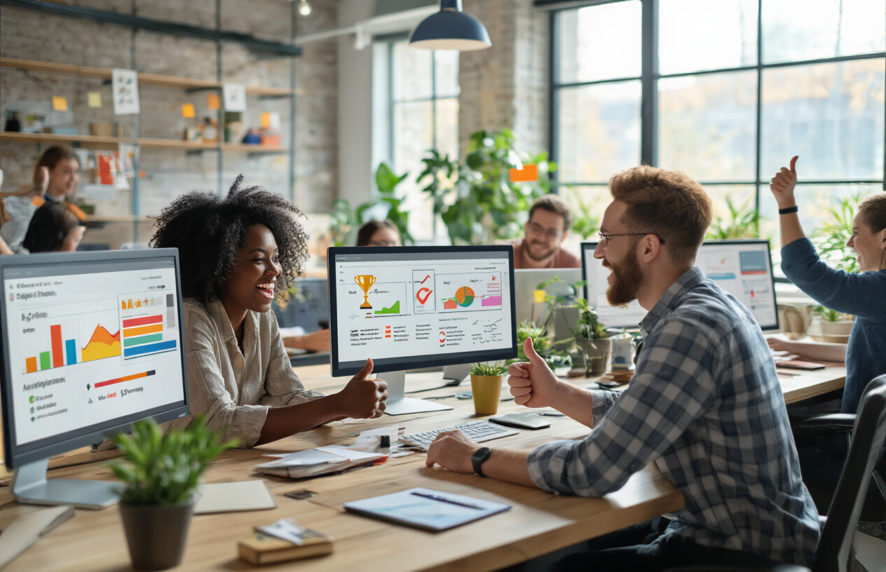 Create a realistic image of a diverse group of people celebrating small achievements in a modern digital workspace, featuring a black female and white male looking excited while viewing progress indicators and achievement badges on multiple computer screens, with colorful progress bars showing incremental improvements, small trophy icons and checkmark symbols scattered on desks, bright natural lighting streaming through large windows creating an energetic and motivating atmosphere, modern office furniture with plants in the background, and team members giving thumbs up gestures and high-fives to represent quick wins and micro-transformations, absolutely NO text should be in the scene.