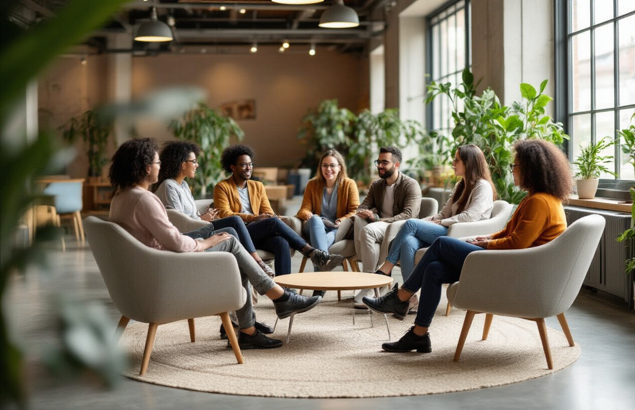 Create a realistic image of diverse people of different races and genders sitting in comfortable modern chairs arranged in a circular conversation area within a bright, open co-working space, with some individuals engaged in animated discussion while others are actively listening, featuring warm natural lighting from large windows, contemporary interior design with plants and collaborative furniture layouts that encourage interaction, showing genuine human connections and community building in action. Absolutely NO text should be in the scene.