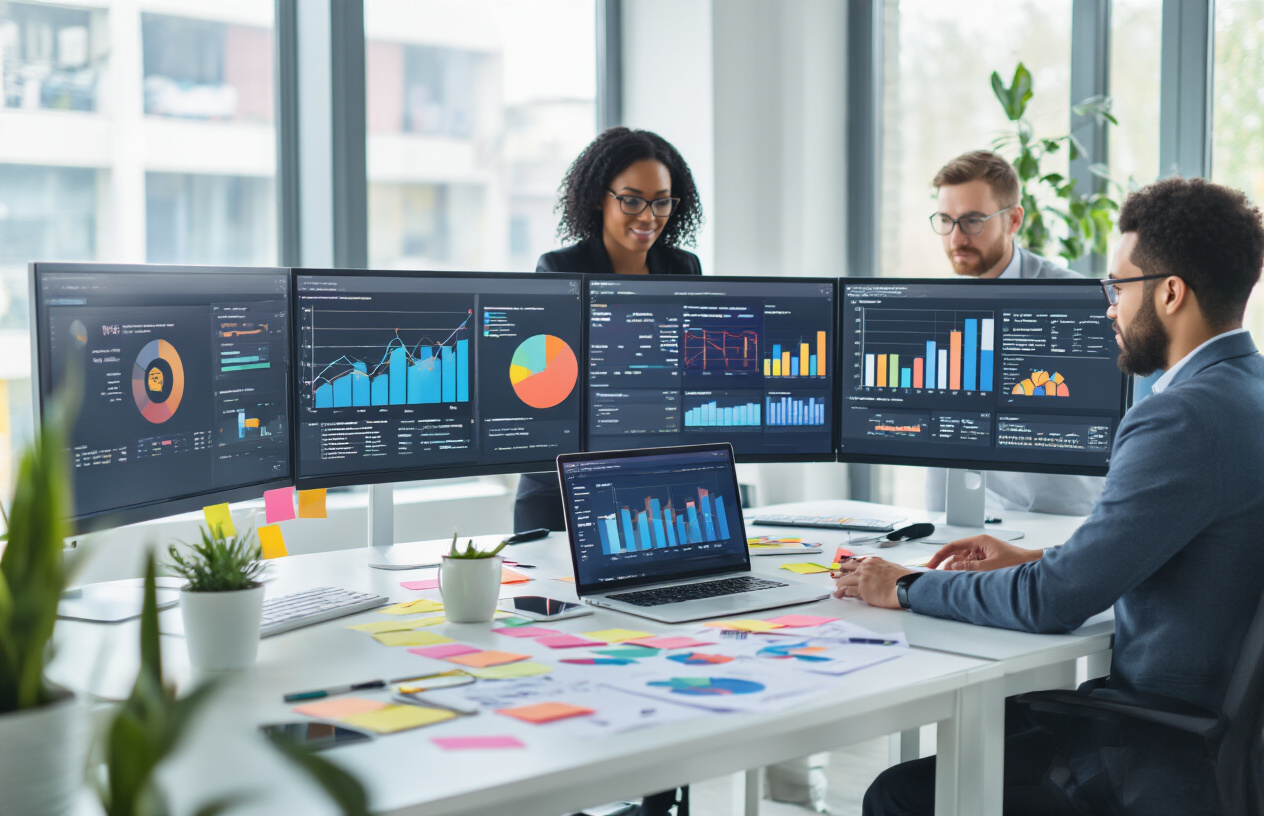 Create a realistic image of a modern office workspace showing a diverse team of professionals including a black female manager and white male colleague analyzing feedback data on multiple computer screens displaying colorful charts, graphs, and dashboard analytics, with sticky notes and feedback forms scattered on a clean white desk, surrounded by a bright, collaborative office environment with natural lighting from large windows, conveying a productive and improvement-focused atmosphere, absolutely NO text should be in the scene.