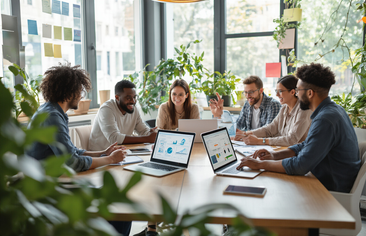 Create a realistic image of a diverse group of people including white, black, and Asian males and females sitting in a modern, bright coworking space around laptops and tablets, engaged in animated discussion and collaboration, with some people pointing at screens showing community dashboard interfaces, others taking notes, and a few raising hands as if asking questions, all surrounded by contemporary office furniture with plants and natural lighting streaming through large windows, conveying a sense of connection, growth, and successful community engagement, with warm and inviting atmosphere that suggests thriving online community interaction, absolutely NO text should be in the scene.