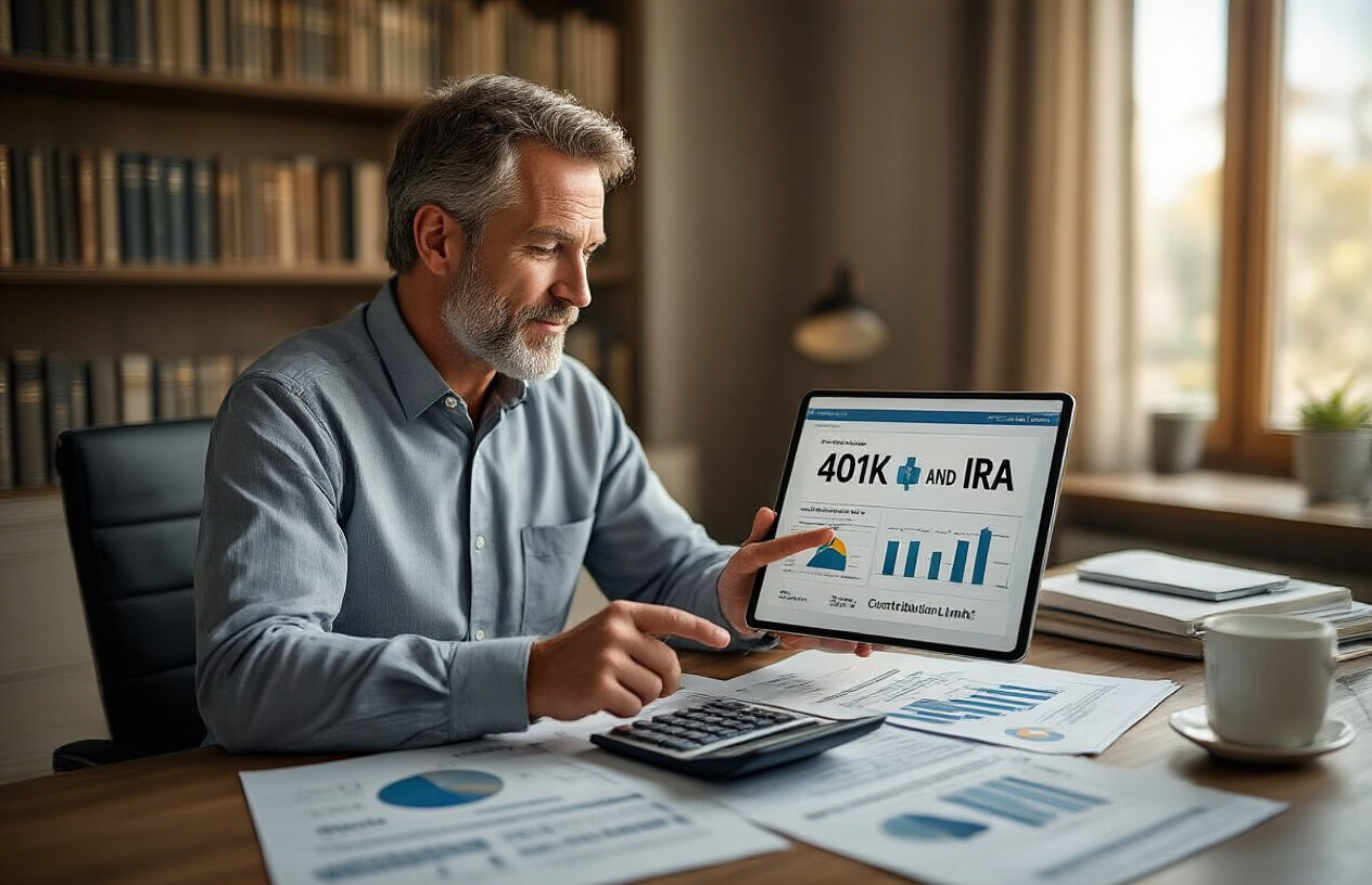 Create a realistic image of a middle-aged white male financial advisor sitting at a modern office desk with a calculator, retirement contribution charts, and tax forms spread across the surface, while pointing to a digital tablet displaying 401k and IRA contribution limit graphics, with a professional office background featuring bookshelves filled with financial planning books, warm natural lighting from a window, conveying a focused and advisory mood as he explains retirement savings strategies, absolutely NO text should be in the scene.