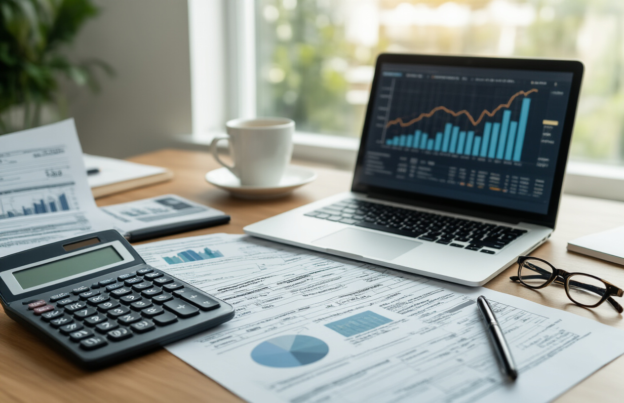 Create a realistic image of a modern office desk with financial documents, tax forms, and a calculator spread across the surface, alongside a laptop displaying charts and graphs, with a coffee cup and reading glasses nearby, set against a clean office background with soft natural lighting from a window, conveying a professional and organized atmosphere for retirement tax planning, absolutely NO text should be in the scene.