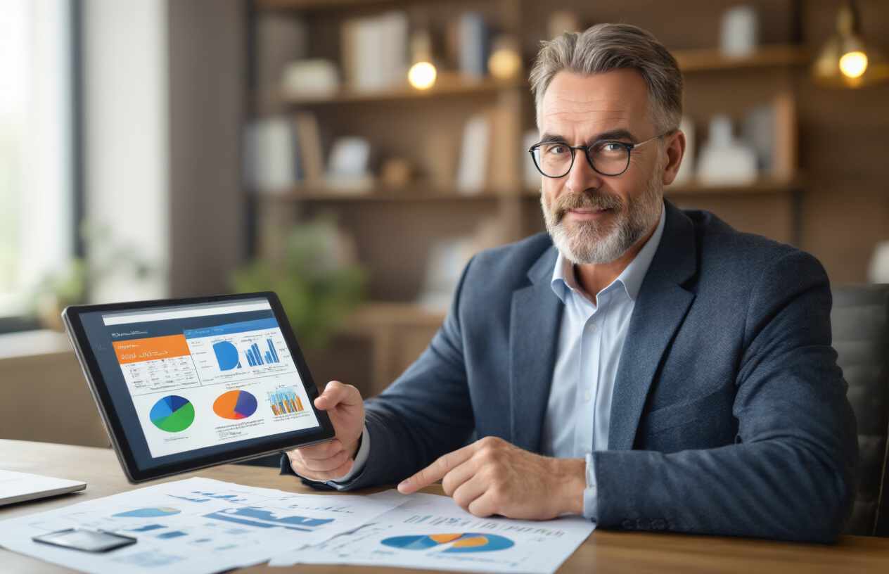 Create a realistic image of a middle-aged white male financial advisor sitting at a modern office desk with documents and charts spread out, pointing to a tablet displaying colorful pie charts and conversion timeline graphics, with a professional office background featuring bookshelves and warm lighting, conveying a strategic planning atmosphere, absolutely NO text should be in the scene.