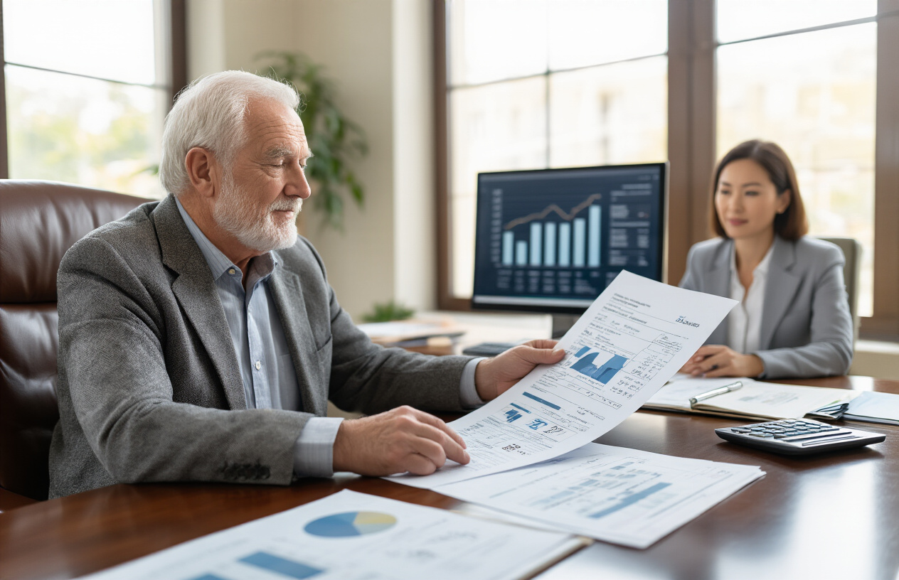 Create a realistic image of an elderly white male financial advisor in his 60s sitting at a polished wooden desk reviewing retirement distribution documents and charts, with a middle-aged Asian female client across from him, both dressed professionally in business attire, surrounded by financial calculators, retirement planning folders, and a computer screen displaying percentage graphs and calendar schedules, set in a modern office environment with warm natural lighting from large windows, conveying a serious yet optimistic planning atmosphere, absolutely NO text should be in the scene.