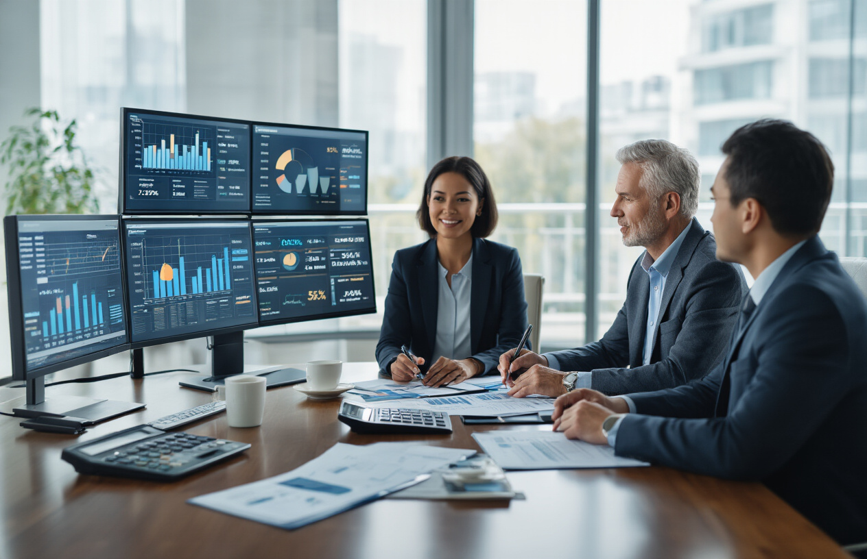 Create a realistic image of a modern financial planning scene showing a diverse group including a white male financial advisor, a black female client, and an Asian male client gathered around a sleek conference table with multiple charts, graphs, and calculators displaying various percentage rates and withdrawal scenarios, with a sophisticated office background featuring large windows with natural lighting, multiple computer monitors showing financial data visualizations, and a calm, professional atmosphere that conveys strategic retirement planning discussions, absolutely NO text should be in the scene.
