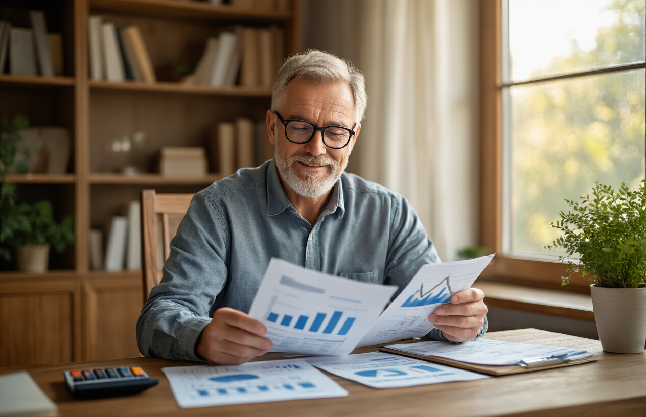 Create a realistic image of a mature white male in his 60s sitting at a wooden desk reviewing financial documents and charts showing steady upward growth trends, with a calculator, pension statement folders, and a small potted plant on the desk, warm natural lighting from a window creating a sense of security and stability, professional home office setting with bookshelves in the background, the man wearing a casual button-down shirt and glasses with a confident and peaceful expression, absolutely NO text should be in the scene.