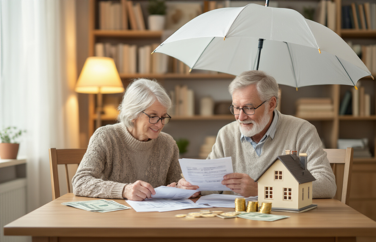 Create a realistic image of a white elderly male and female couple in their 60s sitting at a wooden table reviewing financial documents and healthcare cost papers, with a protective umbrella positioned over miniature house and money symbols on the table, warm indoor lighting from a nearby lamp, comfortable home office setting with bookshelves in the background, conveying security and financial planning, absolutely NO text should be in the scene.
