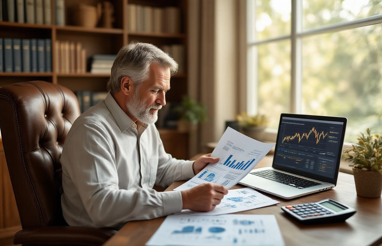 Create a realistic image of a peaceful home office setting with a mature white male in his early 60s sitting at a wooden desk, reviewing financial documents and charts spread across the surface, with a laptop computer open showing investment graphs, a calculator nearby, comfortable leather chair, warm natural lighting streaming through a window, bookshelves with financial planning books in the background, a subtle sense of accomplishment and security in the atmosphere, absolutely NO text should be in the scene.