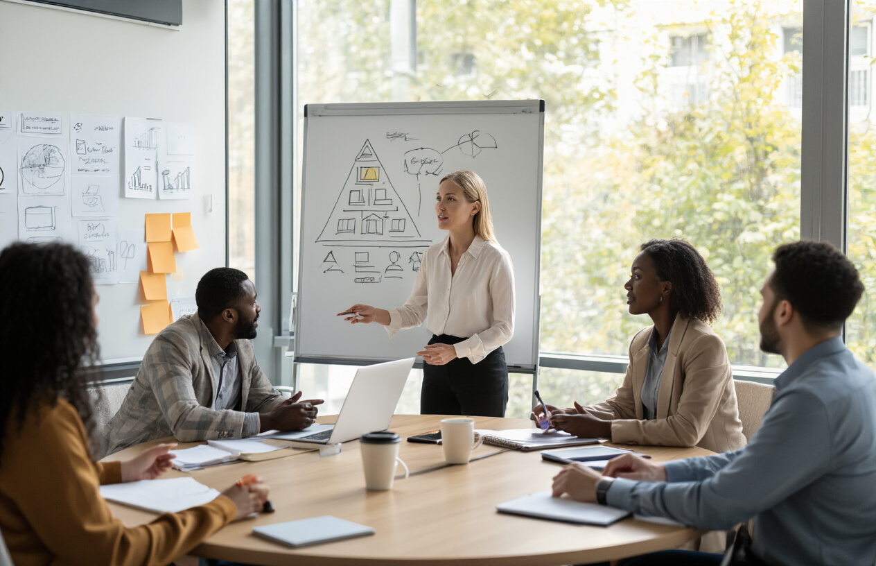 Create a realistic image of a diverse group of professionals in a modern conference room setting, including a white female facilitator standing at a whiteboard with foundation building blocks or pyramid diagram sketched out, a black male participant leaning forward engaged in discussion, and an Asian female taking notes, with other community representatives seated around a circular table, warm natural lighting from large windows, collaborative atmosphere with everyone actively participating, notebooks and laptops on the table, and a welcoming professional environment that conveys trust and partnership building, absolutely NO text should be in the scene.