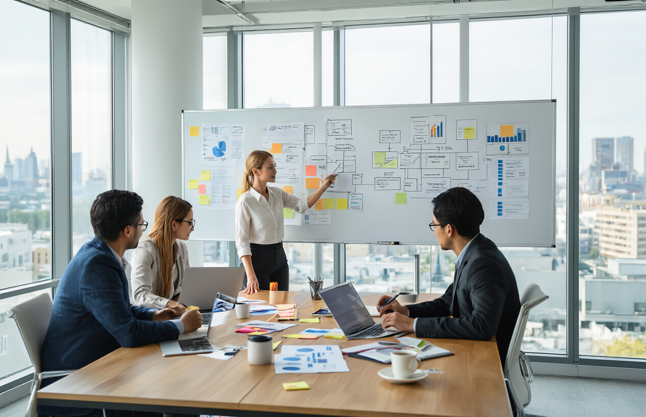 Create a realistic image of a diverse team of professionals collaborating around a modern conference table with strategic planning documents, charts, and laptops spread across the surface, featuring a white female project manager pointing to a large wall-mounted whiteboard displaying flowcharts and implementation timelines, a black male strategist taking notes, and an Asian female analyst working on a tablet, set in a bright contemporary office space with floor-to-ceiling windows showing a cityscape, natural daylight streaming in creating a focused and productive atmosphere, with sticky notes, colored pens, and coffee cups visible on the table. Absolutely NO text should be in the scene.