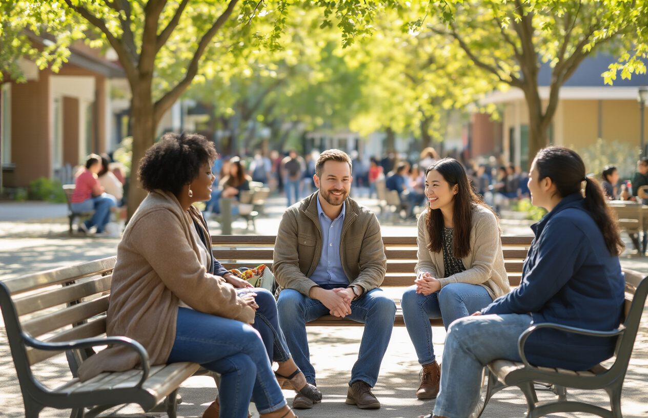 Create a realistic image of diverse community members including a black female, white male, and Asian female gathered in a casual outdoor setting like a local park or community plaza, with some people sitting on benches while others stand in small conversation groups, showing natural authentic interactions and engagement, warm afternoon lighting creating a welcoming atmosphere, background featuring trees and community buildings, conveying accessibility and inclusiveness, absolutely NO text should be in the scene.