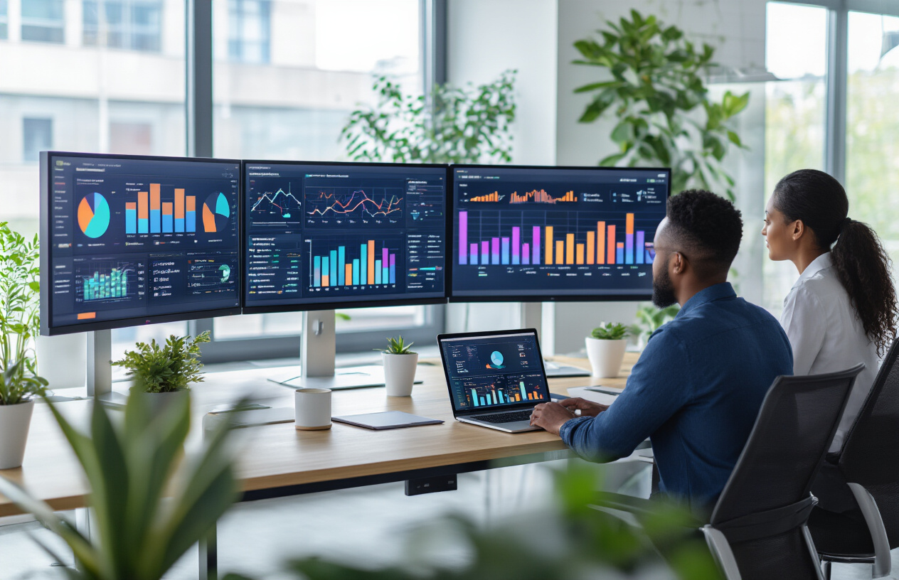 Create a realistic image of a modern office workspace featuring multiple large wall-mounted monitors and computer screens displaying colorful data analytics dashboards, charts, graphs, and engagement metrics, with a diverse group of professionals including a white female data analyst pointing at trending community engagement statistics on one screen while a black male colleague sits at a sleek desk analyzing social media metrics on his laptop, surrounded by clean contemporary office furniture, plants, and natural lighting from large windows, creating a professional and focused atmosphere that emphasizes data analysis and digital community measurement tools, absolutely NO text should be in the scene.