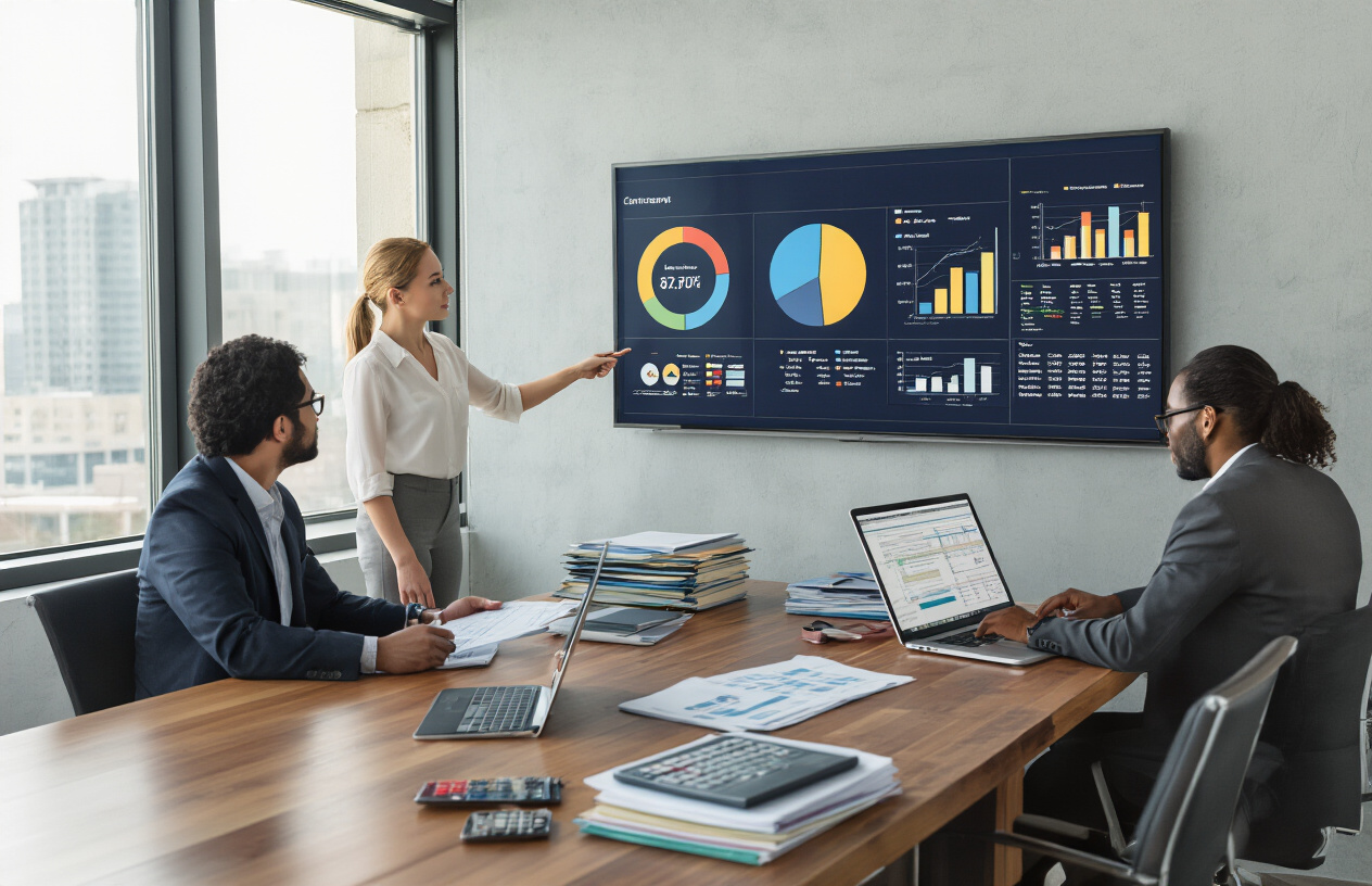 Create a realistic image of a modern conference room with a diverse group of professionals including a white female manager pointing to a large wall-mounted digital dashboard displaying colorful pie charts and bar graphs representing budget allocation, a black male executive reviewing financial documents at a sleek wooden table, and an Asian female analyst working on a laptop with spreadsheets visible on screen, surrounded by stacks of organized folders and calculators, with natural lighting streaming through large windows, creating a focused and strategic business atmosphere, shot from a three-quarter angle to capture both the data visualizations and the collaborative work environment, absolutely NO text should be in the scene.