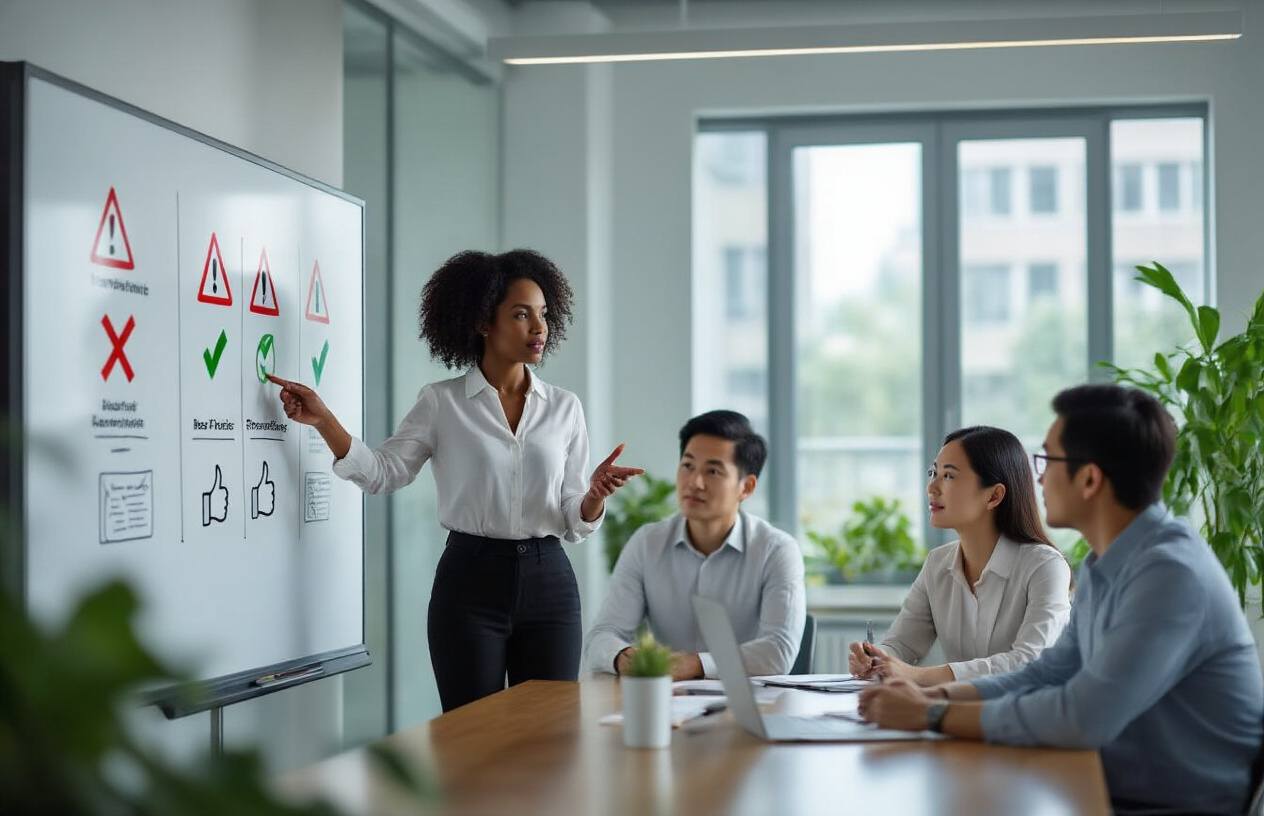 Create a realistic image of a modern office conference room with a large whiteboard displaying two columns - one side showing red warning symbols and crossed-out icons representing common mistakes, and the other side showing green checkmarks and thumbs-up icons representing best practices, with a diverse group of professionals including a black female presenter pointing at the board and white and Asian male and female team members sitting around a sleek table taking notes, bright natural lighting from large windows, clean contemporary interior design with plants in the background, professional business atmosphere, Absolutely NO text should be in the scene.