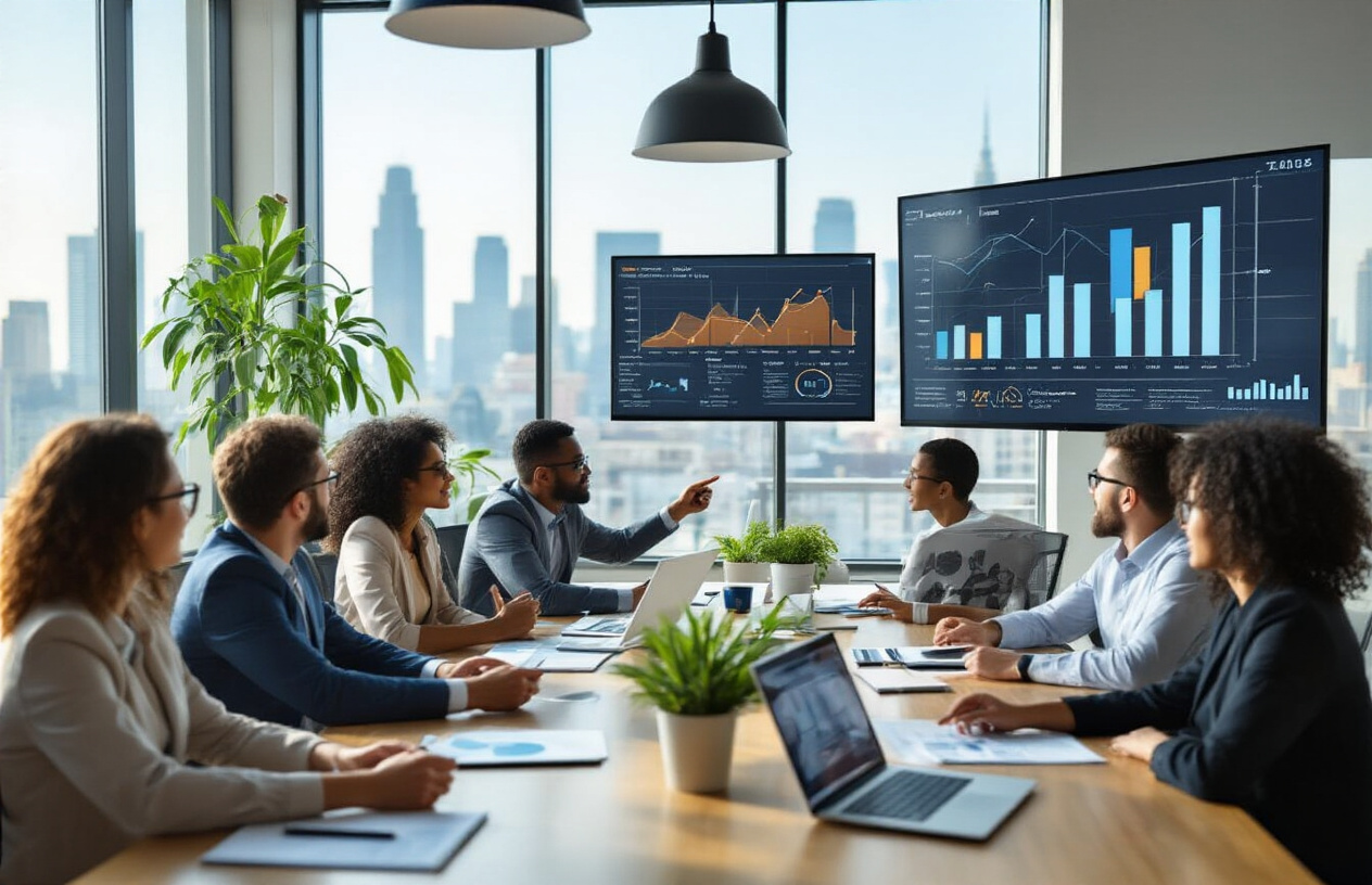 Create a realistic image of a diverse group of professionals including white, black, and Hispanic men and women sitting around a modern conference table in a bright, well-lit office space, with some people pointing at charts and graphs displayed on a large wall-mounted screen, laptops and notebooks scattered on the table, large windows showing a city skyline in the background, warm natural lighting creating an atmosphere of collaboration and success, with people engaged in animated discussion and appearing satisfied with their work, potted plants and modern office decor visible in the scene, absolutely NO text should be in the scene.