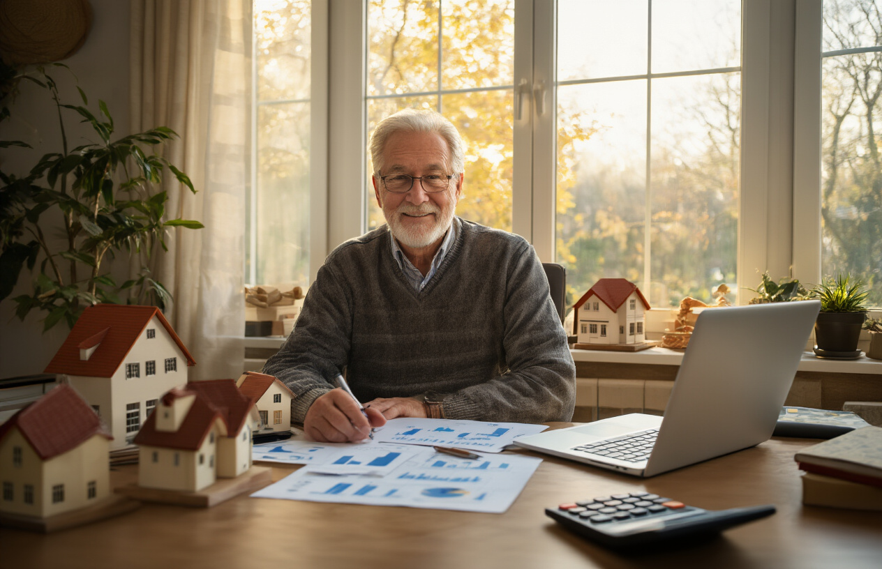 Create a realistic image of a senior white male in his late 60s sitting at a comfortable home office desk with a laptop open, surrounded by visual symbols of passive income including small house models representing rental properties, dividend charts on papers, and a calculator, with warm natural lighting streaming through a window, creating a peaceful and organized atmosphere that conveys financial planning and retirement preparation, absolutely NO text should be in the scene.