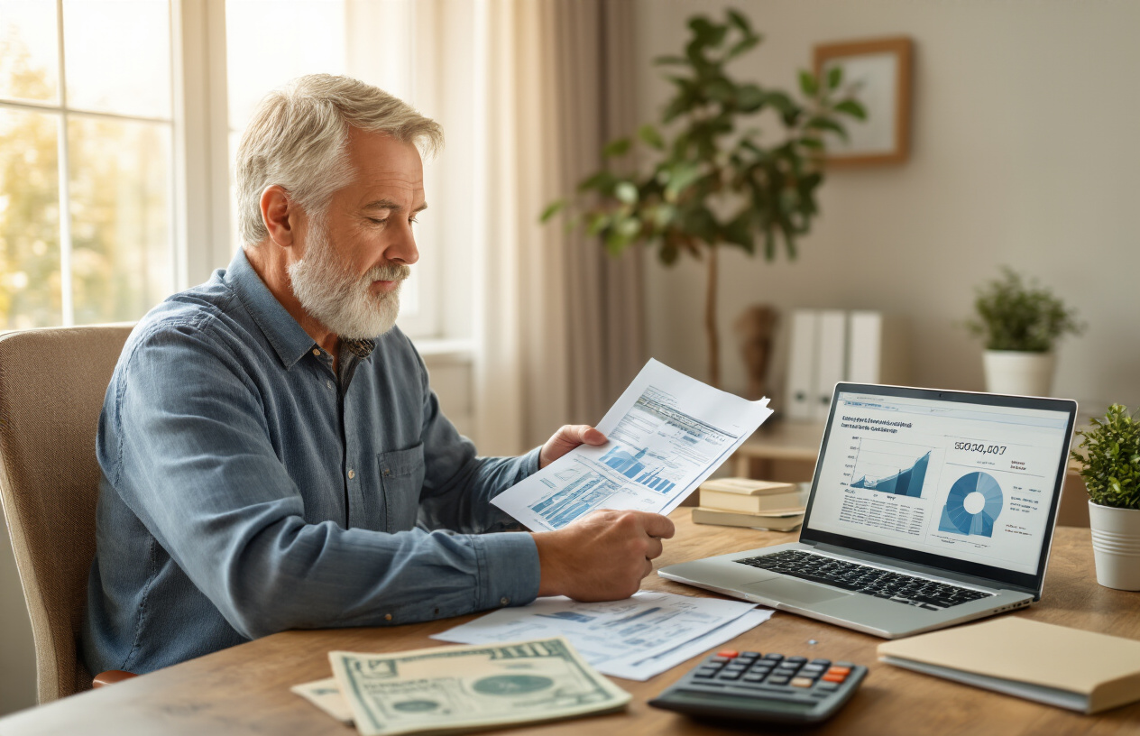 Create a realistic image of a peaceful home office setting with a mature white male in his 60s sitting at a wooden desk, reviewing financial documents and bank statements, with a laptop displaying charts and graphs, surrounded by elements representing low-risk investments such as a small stack of savings bonds, a certificate of deposit folder, and a calculator, warm natural lighting from a window, creating a calm and secure atmosphere that conveys financial stability and conservative investment strategies, absolutely NO text should be in the scene.