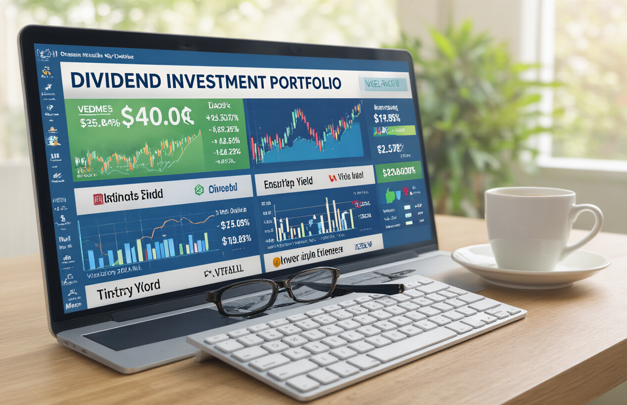 Create a realistic image of a close-up view of a computer screen displaying a dividend investment portfolio dashboard with colorful stock charts showing upward trends, dividend yield percentages, and company logos of blue-chip stocks, with a pair of reading glasses and a coffee cup placed beside a wireless keyboard on a clean wooden desk, soft natural lighting from a window creating a calm and professional atmosphere, representing financial planning and passive income management. Absolutely NO text should be in the scene.