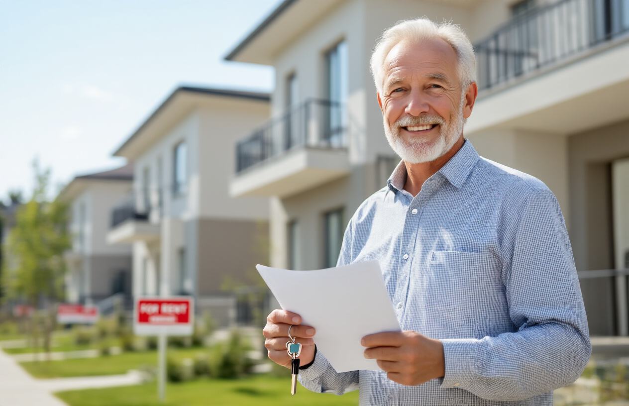 Create a realistic image of an elegant elderly white male in his late 60s wearing a business casual shirt standing confidently in front of a row of modern rental properties, holding house keys in one hand and property documents in the other, with well-maintained apartment buildings and single-family homes visible in the background under bright natural daylight, featuring manicured lawns and "For Rent" signs, conveying a successful and prosperous real estate investment atmosphere, absolutely NO text should be in the scene.