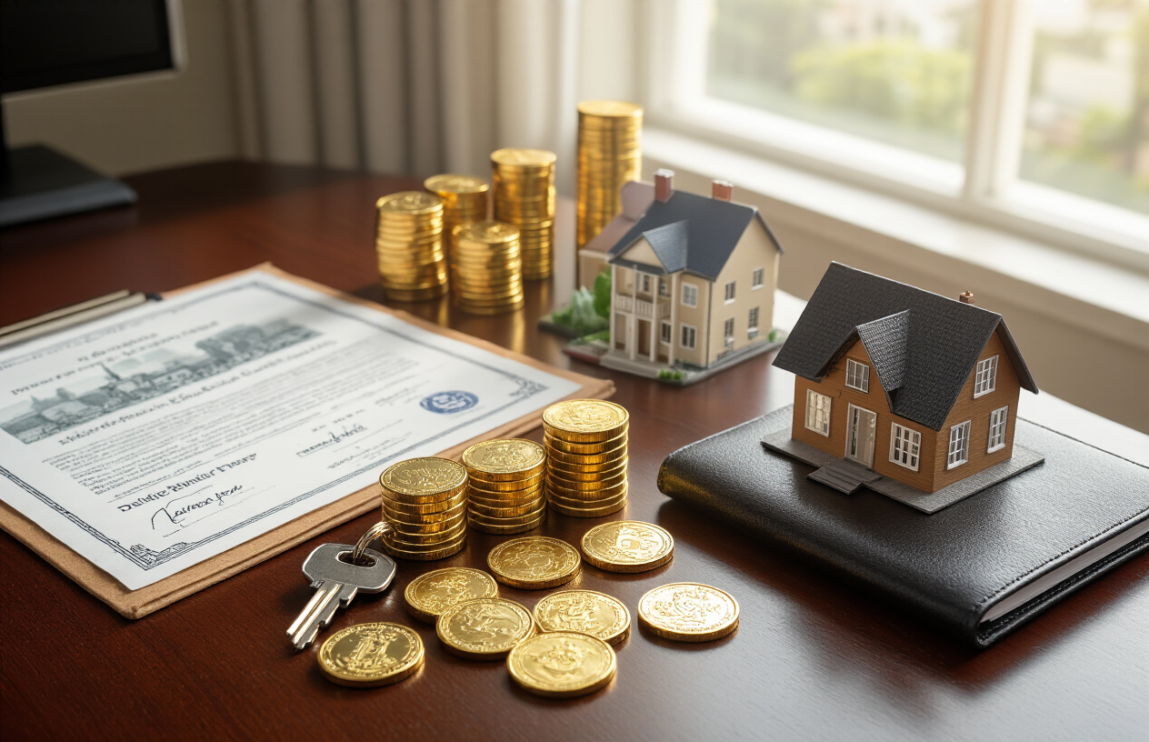 Create a realistic image of a diverse collection of valuable assets arranged on a polished wooden desk including gold coins, real estate property keys, dividend stock certificates, rental property miniature house models, corporate bonds, and a small portfolio folder, with soft natural lighting from a nearby window creating gentle shadows, depicting wealth accumulation and passive income generation in a professional office setting, absolutely NO text should be in the scene.