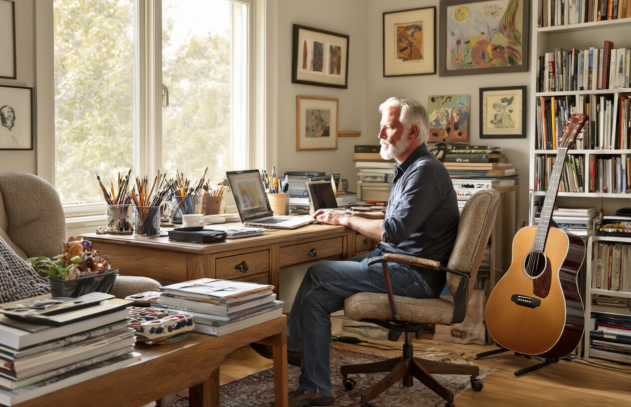 Create a realistic image of a modern investment office desk with alternative investment materials spread across it including gold coins, cryptocurrency symbols, real estate property documents, dividend stock certificates, and a tablet displaying investment charts, with a sophisticated wooden desk surface, soft natural lighting from a window, and a professional atmosphere that conveys wealth building and financial diversification for retirement planning, absolutely NO text should be in the scene.