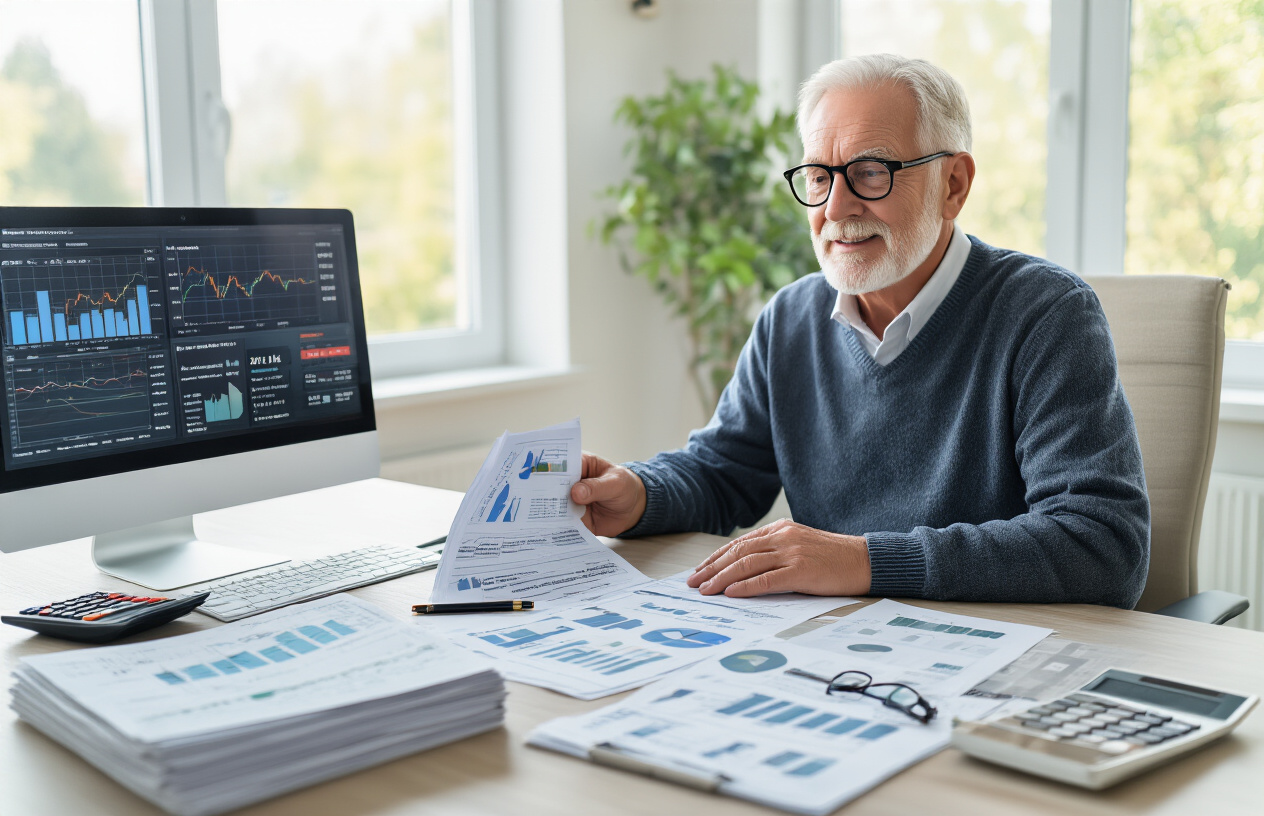 Create a realistic image of an elderly white male in his 60s sitting at a modern desk with multiple investment documents, financial charts, and a laptop displaying portfolio graphs, surrounded by stacks of dividend statements and rental property contracts, with a calculator and reading glasses nearby, in a bright home office with natural lighting from a window, conveying a sense of organization and financial planning, absolutely NO text should be in the scene.