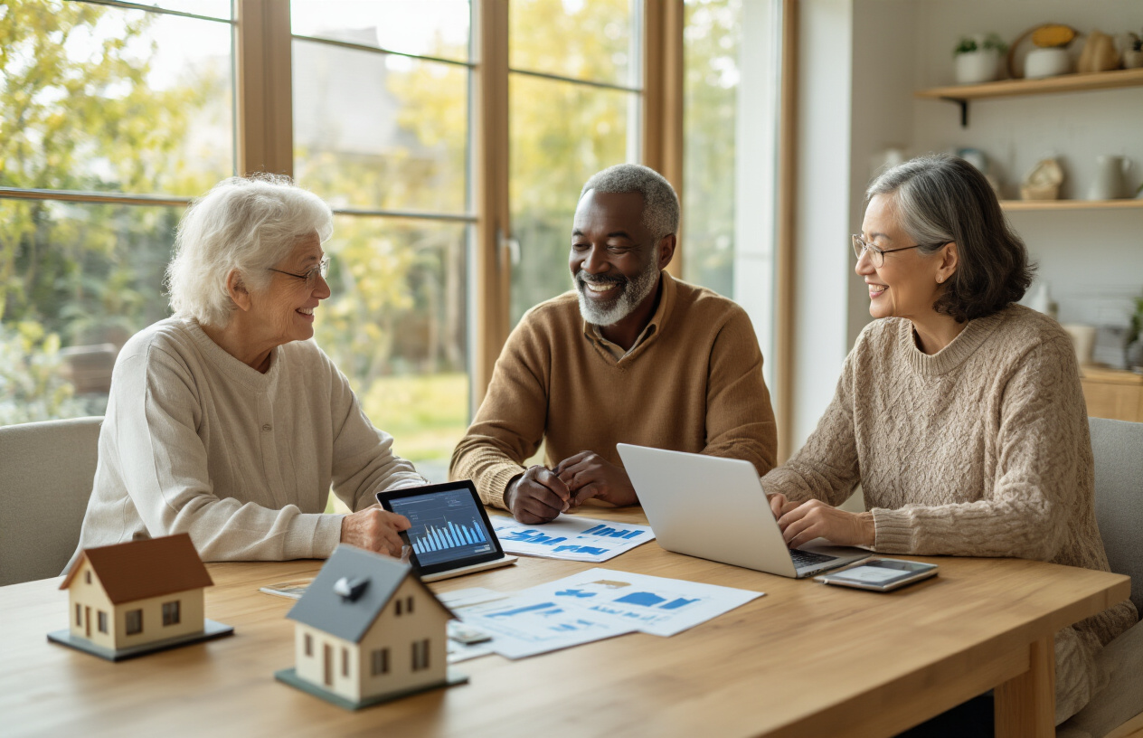 Create a realistic image of a diverse group of three elderly people - a white female, black male, and Asian female - sitting around a modern wooden table in a bright, comfortable home office setting, with laptops and financial documents spread on the table, surrounded by visual symbols of passive income including small house models, dividend charts on tablet screens, and investment portfolios, with warm natural lighting streaming through large windows, creating an atmosphere of financial security and peaceful retirement planning, absolutely NO text should be in the scene.