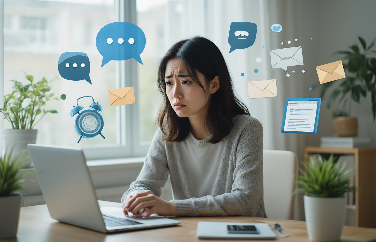 Create a realistic image of a frustrated Asian female sitting at a modern desk looking at her laptop screen with a disappointed expression, surrounded by visual metaphors of failed communication including wilted speech bubbles, broken connection icons, and scattered digital devices showing empty chat windows, set in a contemporary home office with soft natural lighting from a window, creating a mood of disconnection and missed opportunities in digital communication, absolutely NO text should be in the scene.