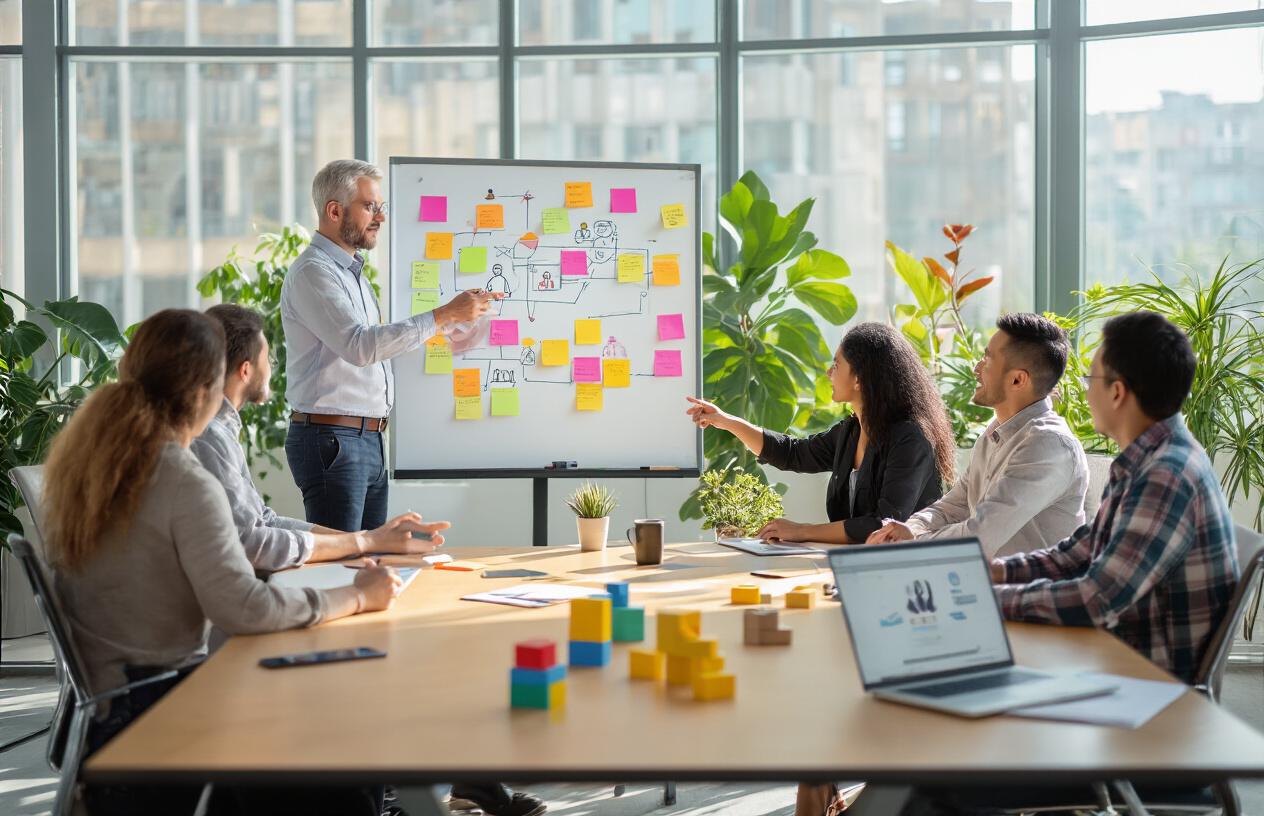 Create a realistic image of a diverse group of people sitting around a modern conference table in a bright, contemporary office space, with a white male facilitator standing and gesturing toward a whiteboard covered in colorful sticky notes and connection diagrams, while a black female participant points at a laptop screen showing community icons, an Asian male takes notes, and other team members engage in animated discussion, with warm natural lighting streaming through large windows, potted plants in the background, and building blocks or foundation stones arranged on the table as visual metaphors for community building, Absolutely NO text should be in the scene.